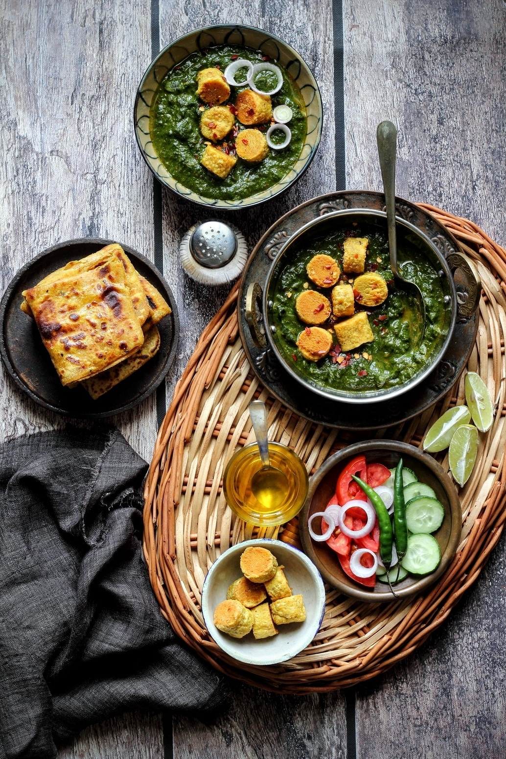 GATTE WALA PAALAK SAAG aur DAL KA PARANTHA – गॅट्टे वाला पालक साग और दाल का परांठा (Chickpea Flour Dumplings in Spinach Curry with Lentil Flatbreads)